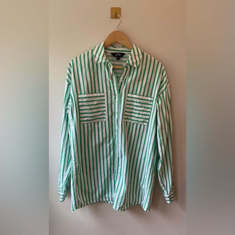 LTS | Size 6 Apple Green Stripe Oversized Cotton Long Sleeve Shirt - Picture 5 of 9
